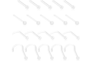 Yolev 20 Pcs Clear Nose Stud, 4 styles of Acrylic Nose Retainers Invisible Nose Septum Ring Clear Nose Studs Rings Lip Cartilage Tongue Belly Eyebrow Tragus Earring Barbell for Work