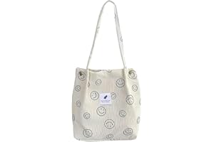 Auirshiky Cord Umhängetasche,Smiley Cord Tasche,Damen Umhängetasche,Cord Schultertasche,Cord Shopper Handtasche,Tragetasche,Smiley Muster Groß Shopper Tasche für Arbeit Büro Reisen Einkaufen (Beige)