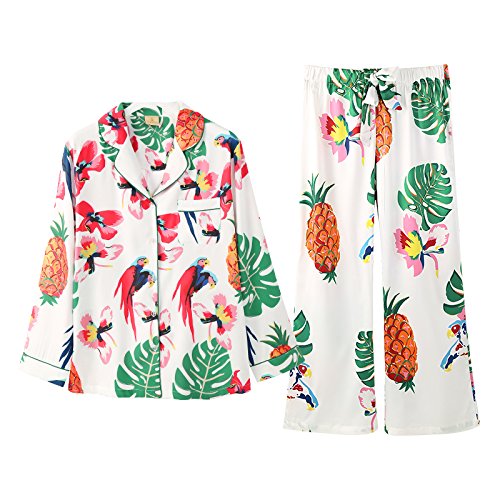 Women's Print Pajamas V Neck Long Sleeve Cardigans Home Wear Wide Leg Pants Two Pieces Set Sleepwear,White-L