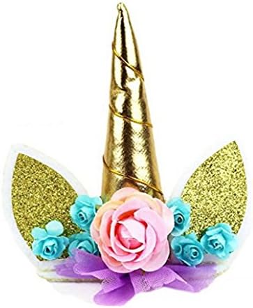 Guwheat Unicorn Cake Toppers set, Handmade Unicorn Horn and flowers Set for Unicorn Party Decoration for baby shower, wedding and birthday party (Gold)