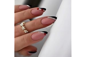 JUSTOTRY 24 Pcs Gold Swirl Stiletto False Nails Short with Heart,Black French Press on Nails,Fake Nails Short with Nail Glue,Almond Stick on Nails for Women,Nails Fake Nail for Nails Art