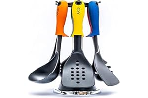 Axer Set di 6 utensili da cucina in nylon con supporto rotante e sistema rialzato - Multicolore- Include cucchiaio, mestolo, schiumaiola, spatola e servo per la pasta - Lavabile in lavastoviglie