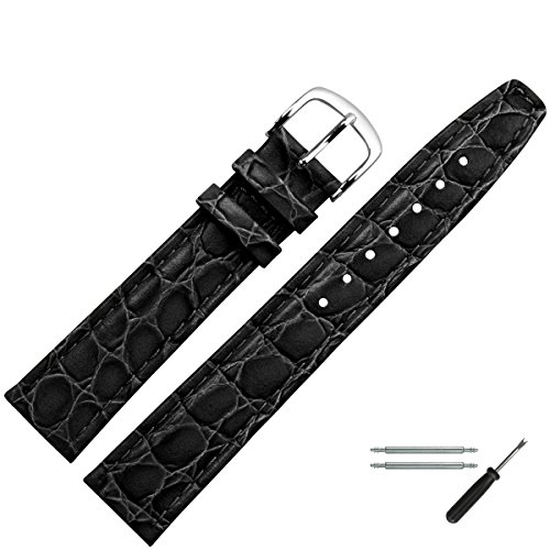 Uhrenarmband 14mm Leder schwarz Prägung, Kroko, mit Naht - inkl. Federstege & Werkzeug - Lederarmband für Uhren mit gleichfarbiger Naht & Krokoprägung - Marburger seit 1945 - schwarz / silber Uhrenarmband 14mm Leder schwarz Prägung, Kroko, mit Naht - inkl. Federstege & Werkzeug - Lederarmband für Uhren mit gleichfarbiger Naht & Krokoprägung - Marburger seit 1945 - schwarz / silber