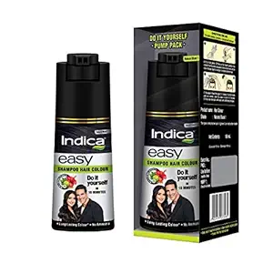 Indica Easy Do-It-Yourself Hair Color Shampoo Pump Pack with 5 Herbal Extracts and 100% Ammonia Free, Long Lasting Formula, 180 ML - Natural Black Colour (Gloves Included)