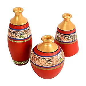 AAKRITI ART CREATIONS Earthenware Madhubani Hand-painted Vases (Pot 1 - 6 X 3 Inch, Pot 2 - 5 X 3 Inch, Pot 3 - 5 X 4 Inch, Red And Golden)