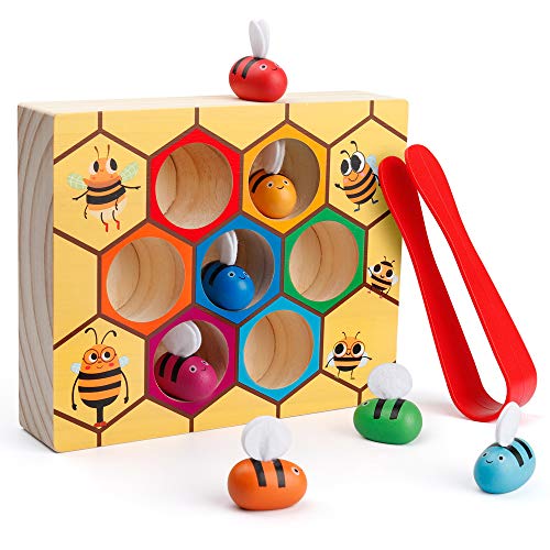 Coogam Toddler Fine Motor Skill Toy, Clamp Bee to Hive Matching Game, Montessori Wooden Color Sorting Puzzle, Early Learning Preschool Educational Gift Toy for 2 3 4 Years Old Kids