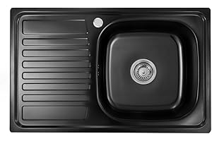 Omeere, Fregadero de cocina empotrable de acero inoxidable 304, grosor de material de 0,8 mm, fregadero de cocina cuadrado, 1 escurridor 80LX50BX18H (escurridor izquierdo-negro)