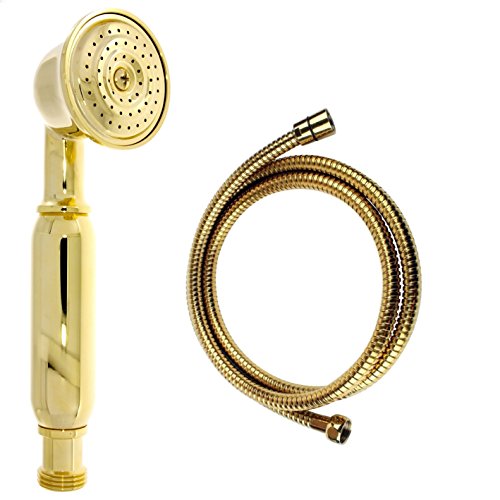 Nostalgie Retro Handbrause / Brause / Brausekopf / Duschkopf mit Brauseschlauch – aus Messing mit gold Oberfläche