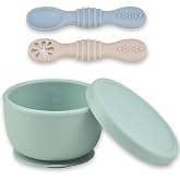 Ginbear Cuenco de Silicona con Ventosa de 260 ml y 2 Cucharas para Beb&eacute;, a Partir de 4 Meses, Sin BPA, No T&oacute;xico (Verde + ivo