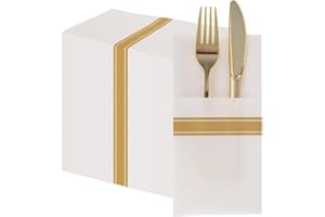 50PCS Disposable Linen Feel Napkins with Built-in Flatware Pocket, PHUNAT Wedding Party Linen Feel White and Gold Napkin, Pre-Folded Party Napkins, 40x40cm