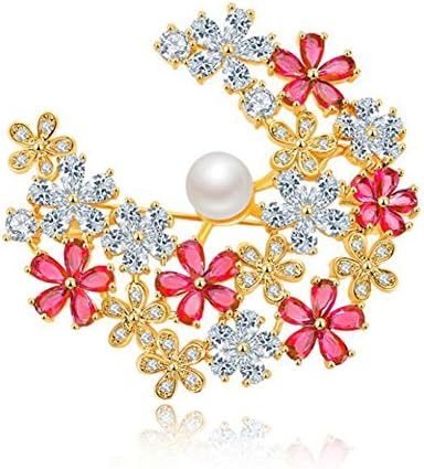 Hanie Women Flower Brooch 18K Gold Tone White and Red Cubic Zirconia and Pearl with Gold Plated Stainless Steel Chain can also wear as Necklace Suitable for Dress Sweater Coat Suit