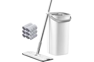 NEWTY Mopa para Limpiar Suelo con Cubo Escurridor Mop Giratorio 6 ALMOHADILLAS de Microfibra Mango Inoxidable Tarima Madera Gress Terrazo Parqué Marmol Atrapa Polvo Trapeadora