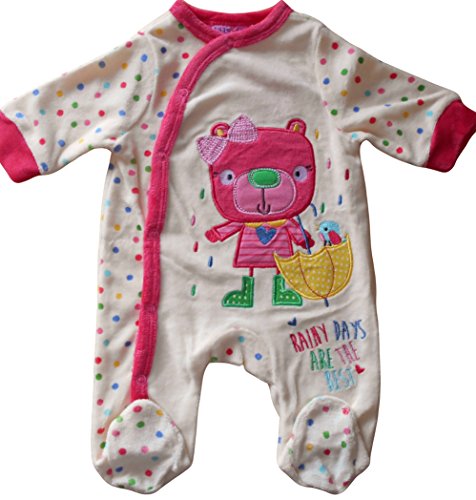 3-6 months - Baby Girls Gorgeous Light Cream and Pink Rainy Days Bear with Multicoloured Spots Velour Sleepsuit Onesie
