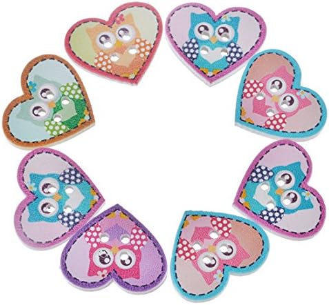 RainBabe Mixed Random Heart Owl Pattern 2 Holes Wooden Buttton 50pcs