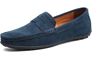 MUYIN Driving Moccasins for Men Genuine Leather Round Toe Stitching Details Suede Vamp Rubber Sole Penny Loafer Lightweight Resistant Flexible Anti-Slip