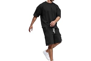 Generisch Trainingsanzug Herren Zweiteiler Sommer Oversized T-Shirt und Shorts Set 2 Teiliges Jogginganzug Sportanzug Y2K Hip Hop Streetwear Cargo Kurze Hose Freizeitanzug Kurzarm Outfits für Männer