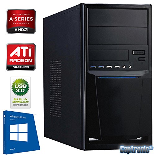 Captronic® (A4-4020-4GB-HD7480D-1TB-Win8.1Pro) Windows 8.1 Professional 64bit | DualCore Silent Office PC Front USB 3.0 AMD A4-4020 2x 3,20GHz (Turbo bis 3400MHz) | KINGSTON 4GB DDR3-1600 | 24x DVD-Brenner | 1000GB HDD SATA3 | ATI Radeon HD 7480 2GB HDMI/DVI/VGA | CardReader | 7.1 Sound | GigabitLAN | Design Gehäuse Schwarz