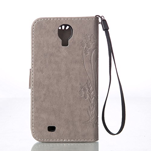 Galaxy S4 Hülle,Galaxy S4 Case,Galaxy S4 Leder Wallet Tasche Brieftasche Schutzhülle,ikasus® Prägung Schmetterling Blumen Muster PU Lederhülle Flip Hülle im Bookstyle Cover Schale Stand Ständer Etui Karten Slot Schutzhülle Grau Tasche Wallet Case für Samsung Galaxy S4 i9500 – Groß Schmetterling:Grau - 2