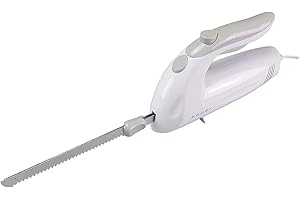 BEPER BP.790 Couteau de Cuisine Viande, Pain, surgelé, Fromage, Fruits et légumes, Double en Acier Inoxydable, Lames extractibles, Interrupteur de sécurité électrique, ABS, Blanc et Taupe