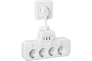 QAKALN Regletas Enchufes con Interruptor,Ladron Enchufes USB C Adaptador Enchufe Multiple con 4 Tomas y 3 Carga Rápida USB,4 Interruptor Independiente alargador Enchufe Pared 0.1m Cable Corto,Blanco