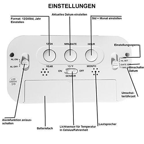 Digital Wecker Reisewecker Digitaluhr großem LED Display Lichtsensor Datumsanzeige snozze Temperaturanzeige Farbe Weiß - 5