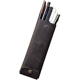 Pen Holder Genuine Leather Handmade Pencil Case Snap Design Functional Use (Coffee)
