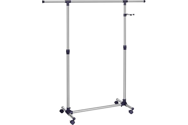 SONGMICS Portant à Vêtements, Porte-manteau, Porte-vêtements, Hauteur Réglable de 97 à 165 cm, Barre Extensible, Crochets Latéraux pour Accessoires, Argent et Bleu LLR01L