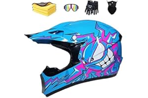LVSENET Casque De Motocross Convient Enfants Casque De Cross Pour EnfantCasque Downhill Pour Enfants Casque Intégral Moto Cross VTT Avec Lunettes Gants (Bleu,S(52-56cm))