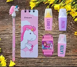 GoMerryKids 6in1 Combo of Unicorn Diary for Girls with Unicorn Pencil 3 Highliter Pen and 1 Character Eraser Sharpener