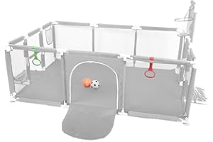 XUANYU Parc Bébé Modulable 180 x 120 x 66 cm, Parcs de Jeux Pliable en Tissu Oxford, Centre d'activités Bébé avec Barrières et Porte, 2 Balles Gonflable, 2 Anneaux, 8 Ventouses (Gris clair)