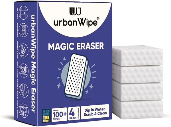 UrbanWipe Magic Eraser Cleaning Sponge | Pack of 4 | Powerful Multi-Purpose Stain Remover | No Chemicals Required | Effortlessly Cleans Walls, Kitchens, Bathroo