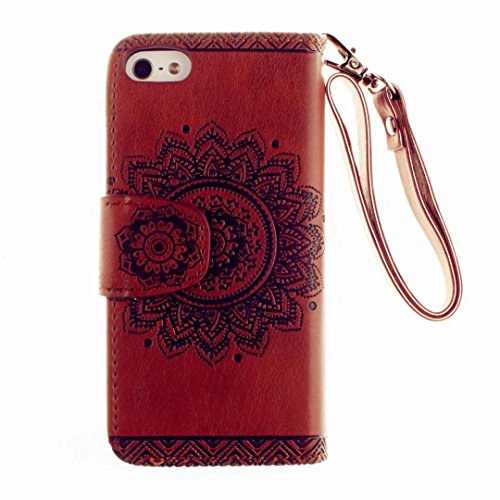 iPhone SE Hülle, iPhone 5 5S Schutzhülle, MUTOUREN für iPhone SE 5 5S Handyhülle Brieftasche Gürtelhändytasche Bookstyle Wallet Flip Case Lederhülle mit Standfunktion Kartenfach Magnetic lock Ultra dünn Wallet Case Geprägtes Muster Henna Indische Sonne Mandala Rraun + Stylus Pen - 4