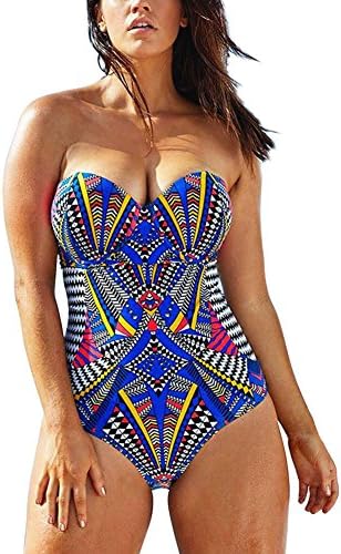 Favoridol Women Sexy Monokini Retro Print Padded Push Up Bikini One-Piece Swimsuit Swimwear (M, Blue)