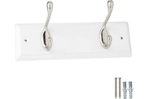 keypak 2-Hook Door Wall Mounted Coat Rack, 22.5cm - White Wooden Board, Satin Nickel Coat Hooks - Fixings Included