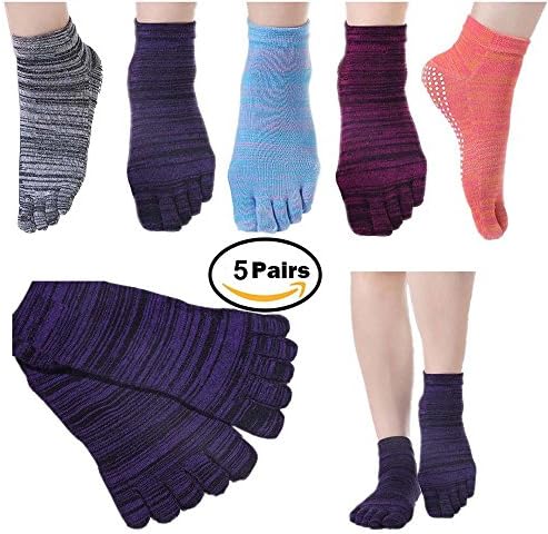 5 Pairs Toeless Yoga Socks Non Slip Skid Pilates Barre With Grips For Women By Feibi (5Pairs-C)