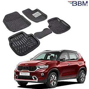 BBM Plastic Car Foot Mats 3D / 4D Comes with Durable Material Complete Set for Kia Sonet Year 2020 (Black)