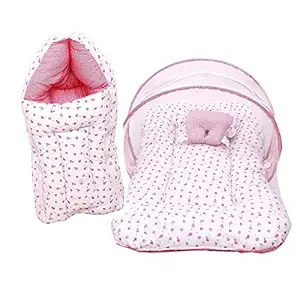First Kids Step Baby Mattress with Mosquito Net & Sleeping Bag Combo 0-3 Months (3-6 Months, Pink)
