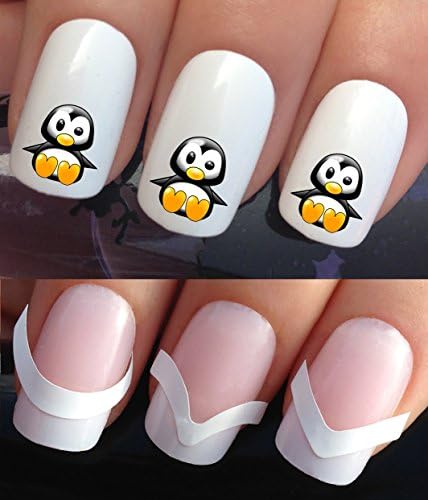 WATER NAIL TRANSFERS DECALS STICKERS ART SET #654 &amp; 172. **plus x48 nail tip guides!!** x24 CUTE WINTER CARTOON FIGURE PENGUIN TATTOO WRAPS &amp; x48 FRENCH MANICURE TIP GUIDES! CAN BE USED WITH NATURAL GEL ACRYLIC STICK ON NAILS! OR WITH GLITTER DUST CAVIAR BEADS ALLOYS DECORATIONS CONFETTI FIMO SHAPES TAPE PENS RHINESTONES!