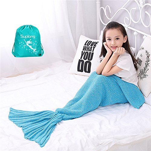 AIGUMI Manta de sirena, manta de dormir para todas las estaciones, cola de sirena, de ganchillo, caliente, para niños, lana, azul celeste, 140*70CM