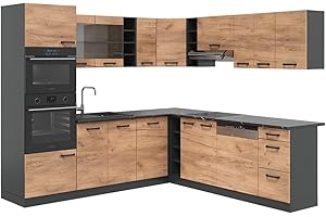 Vicco Cocina esquinera R-Line, Oro Power Roble/Antracita/Antracita, Sin encimeras