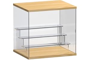 Nynelly 4-Tier Clear Acrylic Display Case Display Box Display Stand with Door,Countertop Display Case for Collectible Mini Action Figure,Dustproof Storage Organizer(Wood Top,Base,Clear Step)