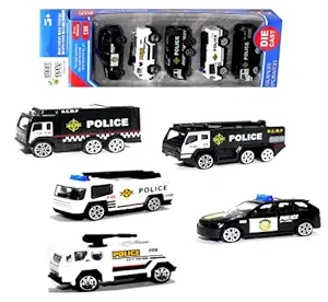 WOW Toys - Delivering Joys of Life|| Friction Powered Police Cars Set||Die Cast Metal|| White & Black || Pack of 5 Mini Cars|| 1:64 Scale Ratio|| Random Design