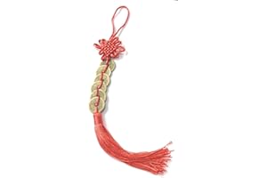 CAPRILITE Feng Shui Red Lucky Knot Tassel with 6 Coins Chinese New Year Wall Hanging Bag Wealth Charm Gift