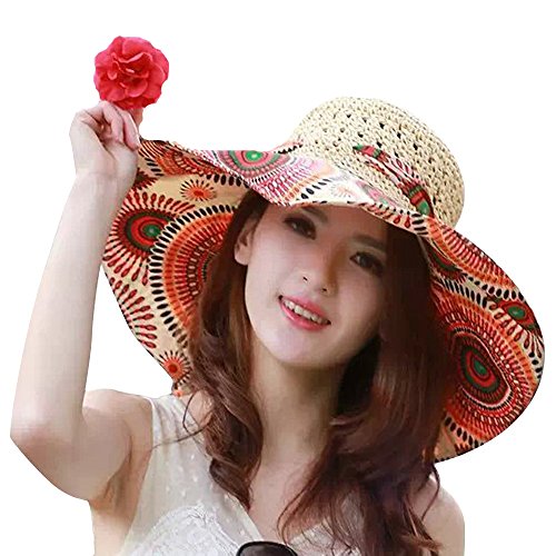 Fashion Vintage Colorful Sun Flower Totem Muster Breite Krempe Floppy Stroh Weave Hat Abschäumer Summer Sun Hat Strand Cap Big Hat für Frauen Mädchen Damen Orange Sun Flower + Khaki - 2