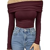 OOTDFY Women’s Off-Shoulder Long Sleeve Crop Top –Sexy Slim Fit Going Out Shirt, Slim Fitted Going-Out Shirt for Trendy 2025 