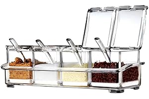 LOYUYU Scatola di Condimento, Condimento Rack Spice Pots, Contenitore di Stoccaggio Condimento Vasi, 4 Pezzi Trasparente Acrilico Cruet con Coperchio e Cucchiaio Trasparente
