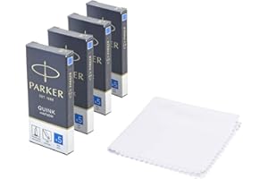 Parker Quink Fountain Pen Refills, Long Cartridges Washable Blue Ink, Pack of 20 with Polishing Cloth