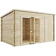BillyOh Tianna 12x8 ft Log Cabin Summer House with Side Shed Store – Garden Room with Wide Double Doors, Storage Shed, Tongue and Groove Construction | Versatile Tiny Home for Garden Office or Storage