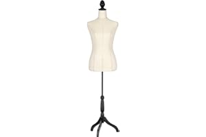Semplix Schneiderbüste – Schneiderpuppe aus Styropor (EPS) mit Baumwollbezug & Holzstativ, verstellbar, Elegante Schneiderpuppe für Atelier, Boutique & Dekoration (Leinenbezug)