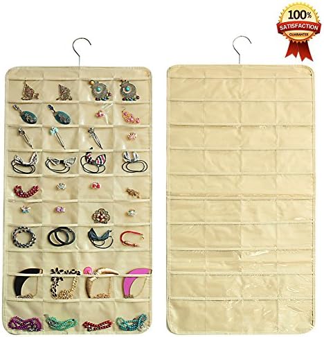 Kenmu Jewellery Organiser, Accessories Organiszer, Hanging Pockets and Wall Holder,80 Beige Pockets with Double Sided Storage , Non-Woven Bracelet Holder with Kinds of Colors and Pockets (80 pockets, Beige)